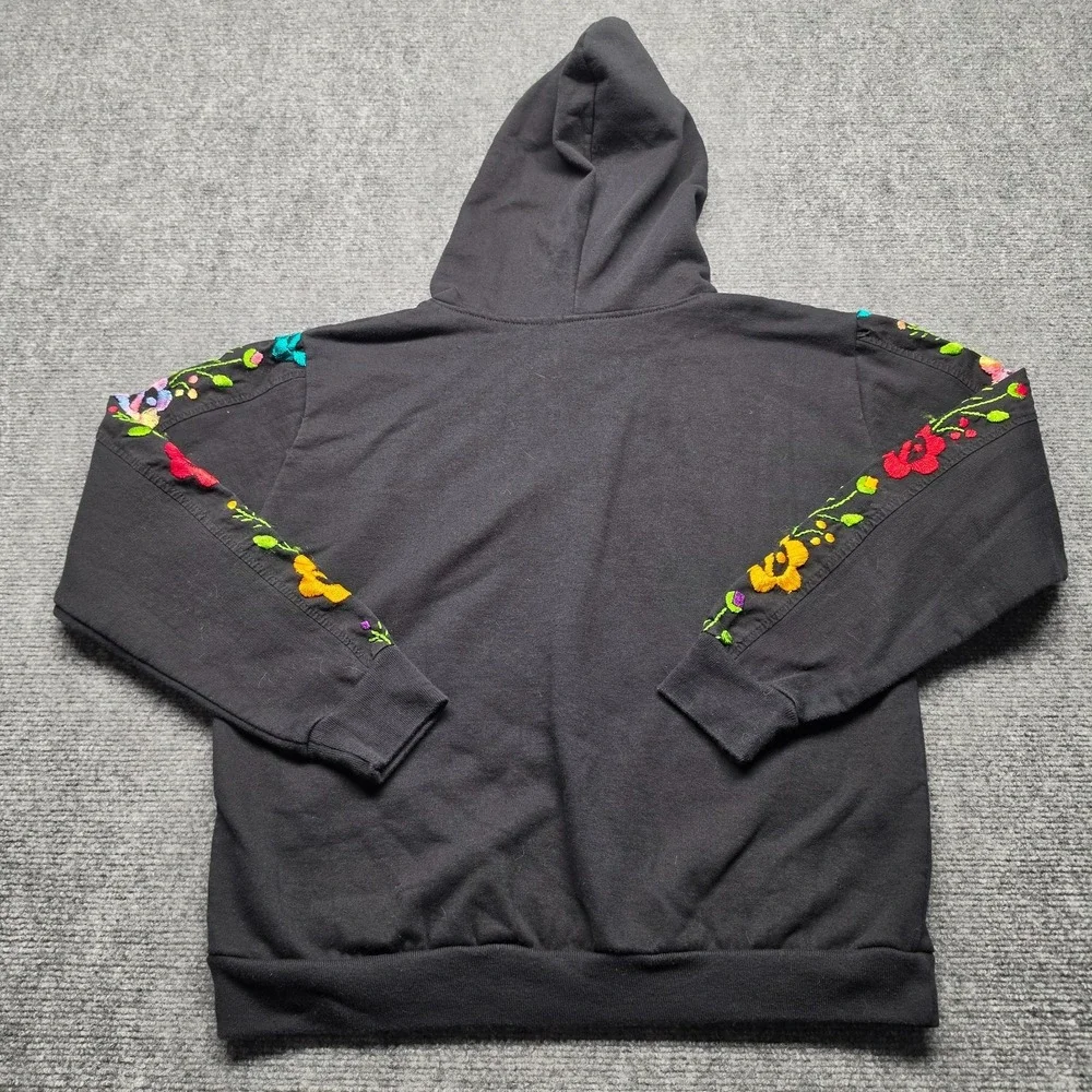 Hand Embroidered Mexican Floral Black Pullover Hoodie Size Medium Boho Cottageco